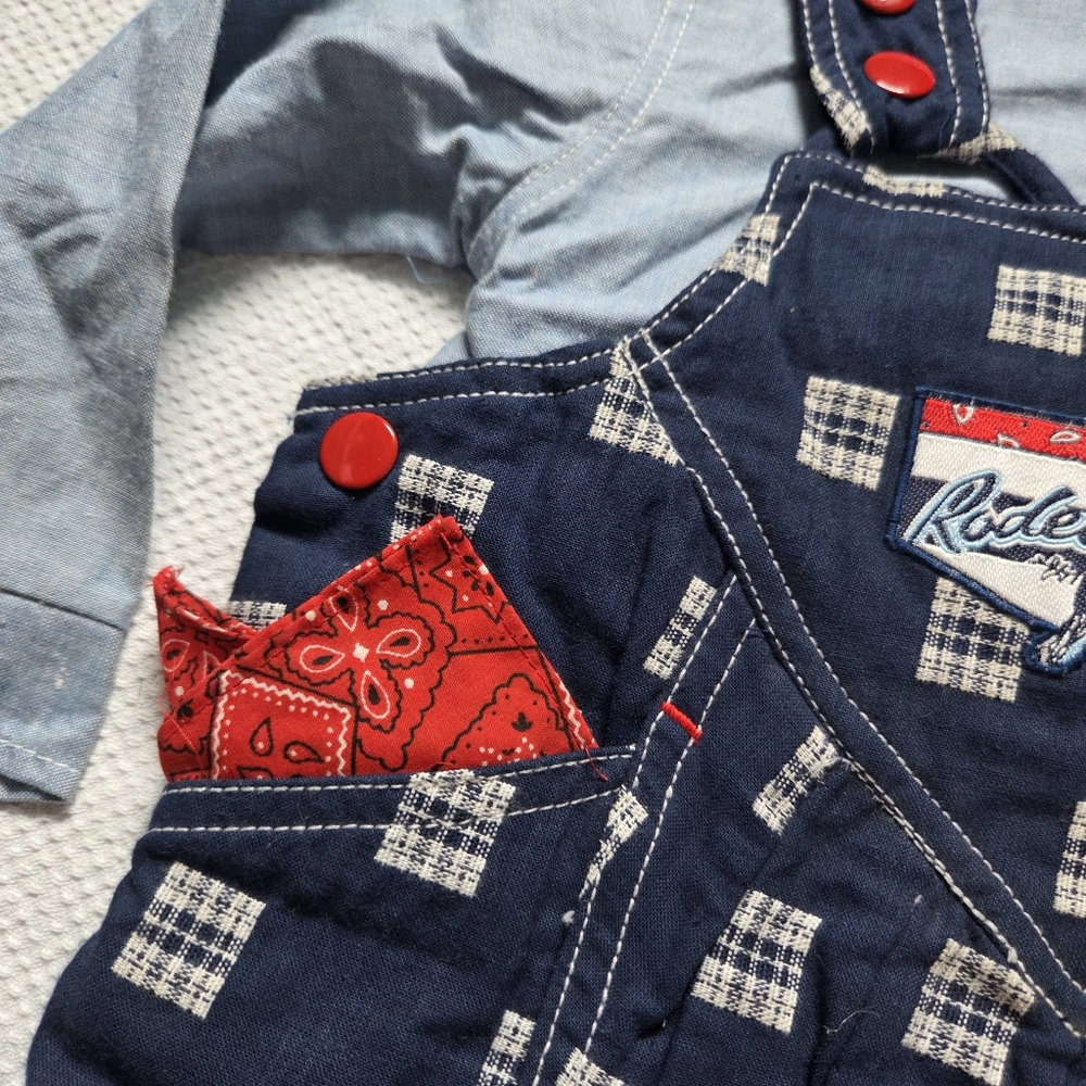 Navy Plaid Kids Overalls With Red Bandanna Western Rodeo Fit - Picture 2 of 7